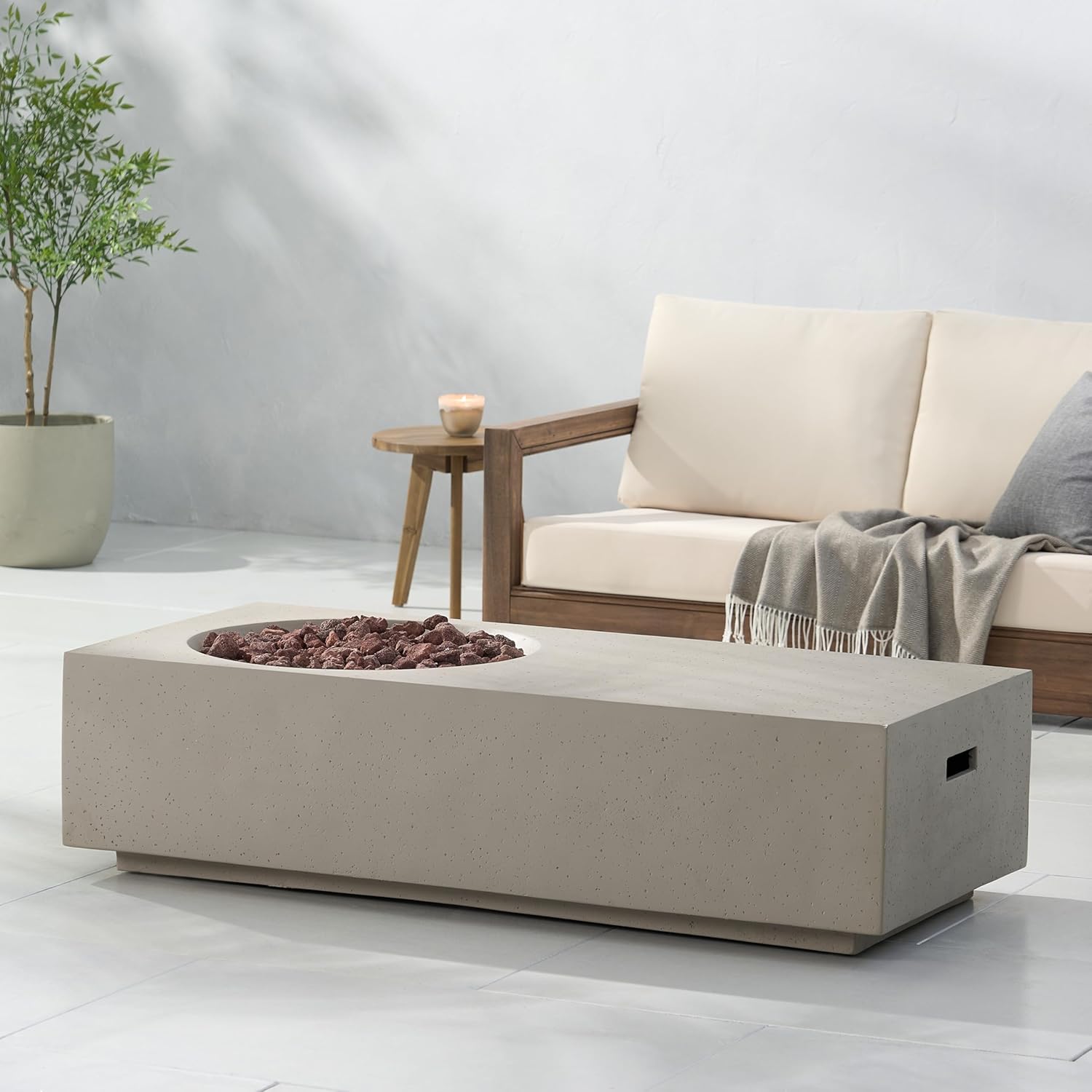 Light Grey Rectangle 14.75 Inches Fire Pit – 50,000 Btu Outdoor Propane Fire Table with Lava Rocks, Patio, Deck, Backyard Gatherings (1 Doors)