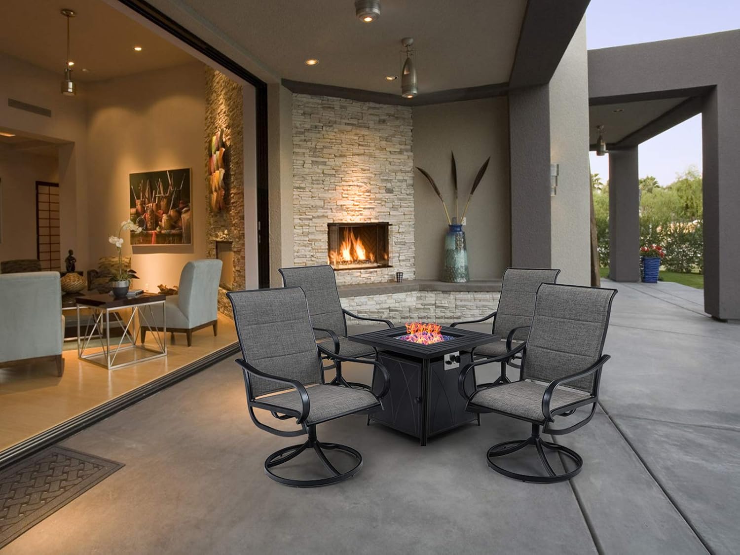 MFSTUDIO 5 Piece Outdoor Patio Conversation Furniture Fire Propane Pit Set，4 Textilene Quick Dry Foam Padded Swivel Chairs and 28 inch Steel Striped Square Fire Table for Patio, Porch, Backyard,Black