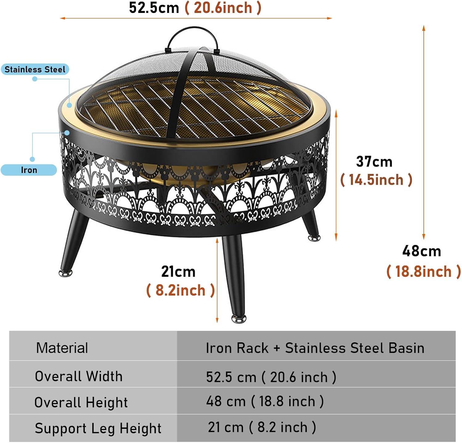 LXLZYXSF Wood Burning Fire Pit Bowl with Table Top, Round Tea Table, Metal Fire Basin for Outdoor Indoor Yard Garden Deck Porch Living Room Patio (Color : Deep Coffee, Size : 52.5cm/20.6inch Wide)