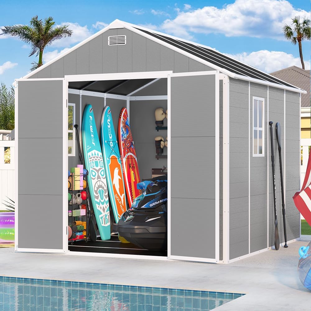 Outdoor Storage Shed 8x8 FT, Resin Shed with Floor & Window, Lockable Door, Vents, Outside Sheds & Garden Shed for Patio Furniture, Gardening Tools, Pool Equipment (Grey, 8 * 8ft)