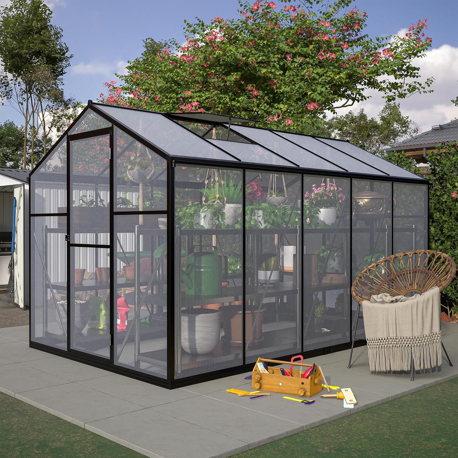 6x10 FT Polycarbonate Greenhouse for Outdoors - Durable Walk-in Garden Greenhouse Kit with Aluminum Frame, 2 Adjustable Roof Vent, Lockable Door & Rainwater Collection System for Backyard Use