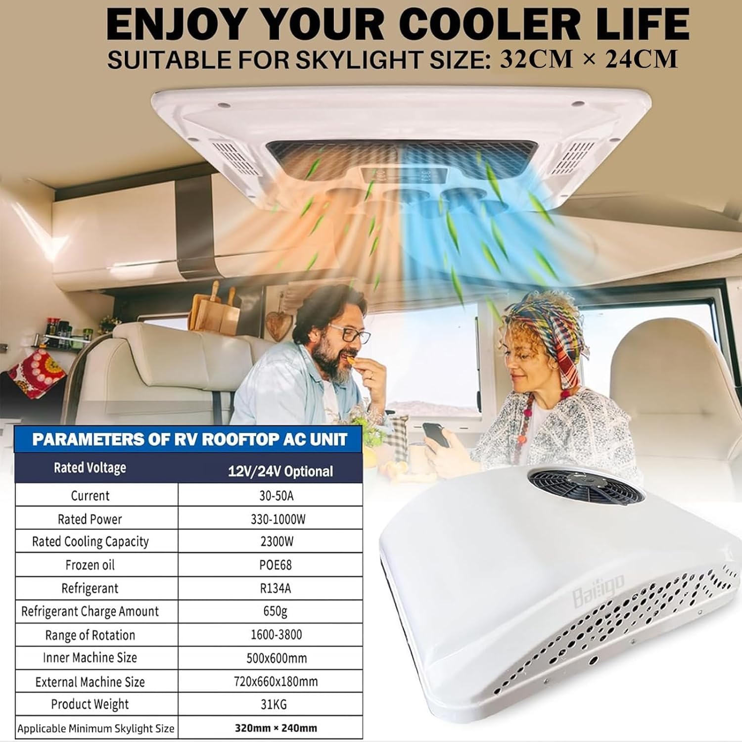 12V Van AC Unit RV Roof Air Conditioner Heater Combo, Quiet 12 Volt Rooftop A/C Unit with heat, Heating & Cooling for Camper, Truck, Trailer, Boat, Tractor