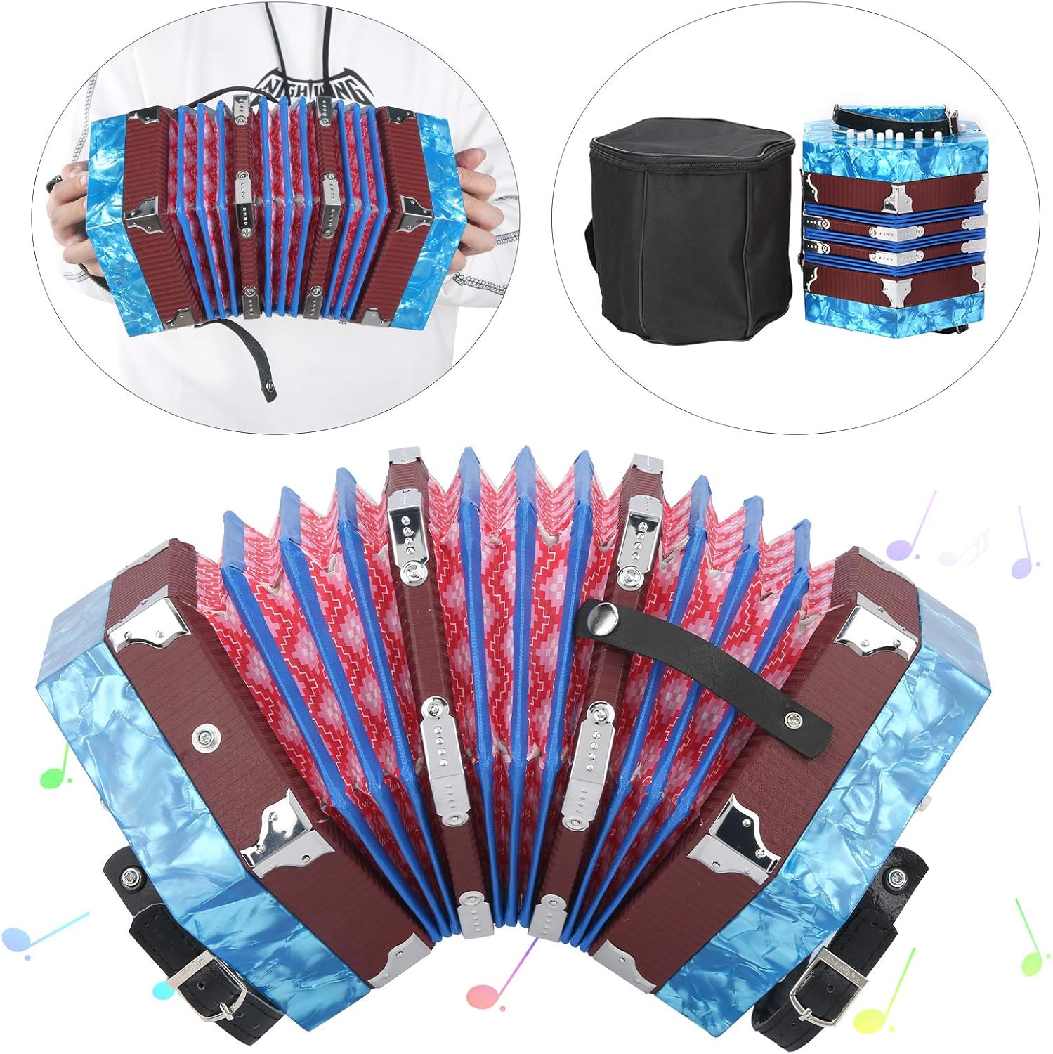 Expert Concertina Accordion for Adults & Beginners | Portable 7.1 Inch Musical Instrument | Solid Wood & Leather Design with Carrying Bag (Sky Blue)