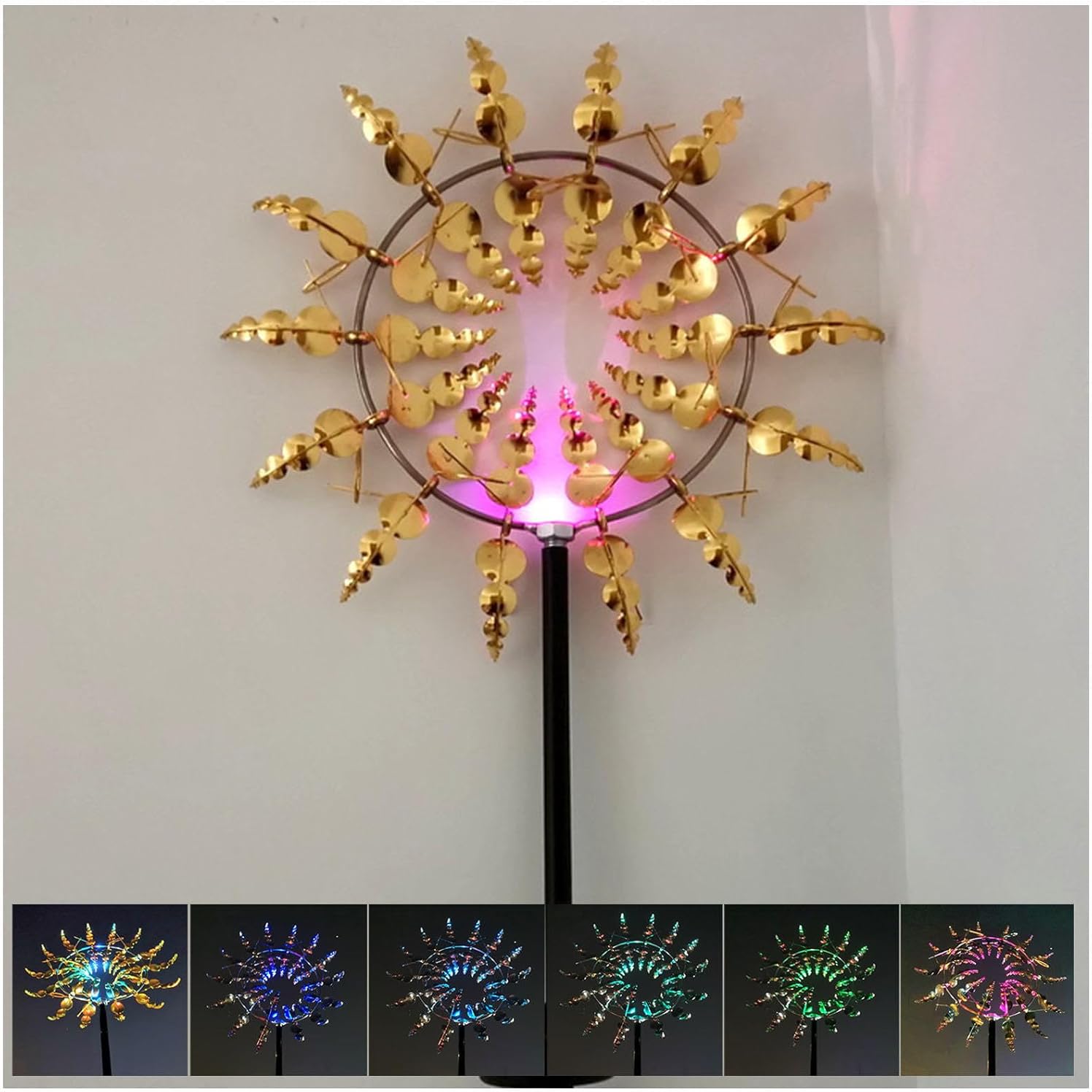 Solar Magical Metal Windmill, Metal Wind Sculptures 3D Wind Powered, 13.4 x 71in Large Wind Spinner,Gold