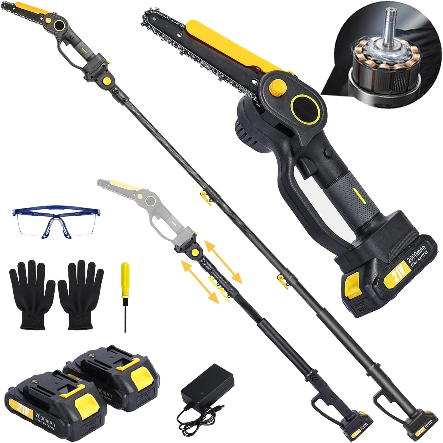 4.9-7.5ft Retractable 2-in-1 Brushless Electric Pole Saws for Tree Trimming 6 Inch, 14.1 Ft Max Extension Cordless Power Long Telescopic Chainsaw, Chain Saw for Branches W/ 2 x 2Ah Battery (4.9-7.5FT)
