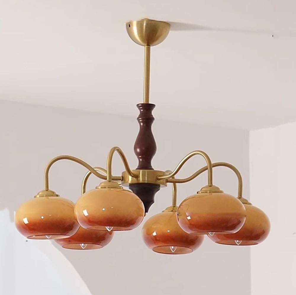 3 Light Mid Century Chandelier Wood White Milk Glass Dining Room Antique Orange Large Ceiling Lamp Vintage Pendant for Bedroom Living Kitchen Island