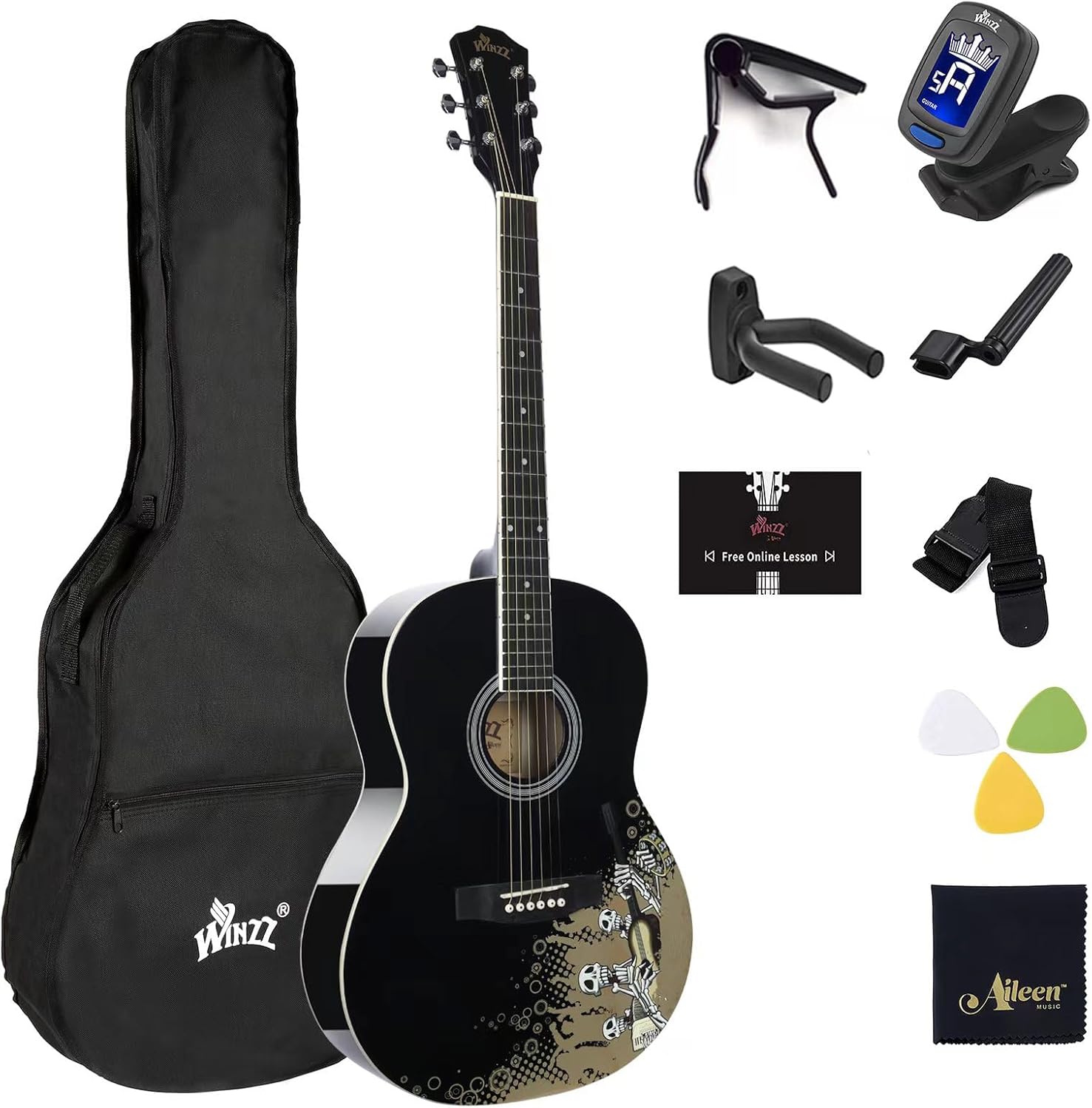 WINZZ AF227A 39 Inches Concert Acoustic Acustica Guitar with Full Kit, Rock Skull