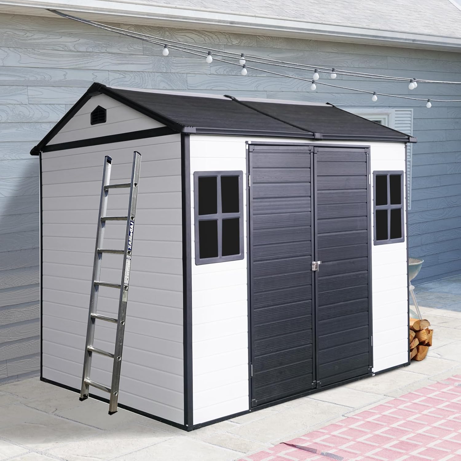 KEIKI 8x6 FT Outdoor Storage Shed Waterproof Resin Cabinet,Sloped Roof Polypropylene Frame with Two-Window and Double-Door for Patio Furniture Tools