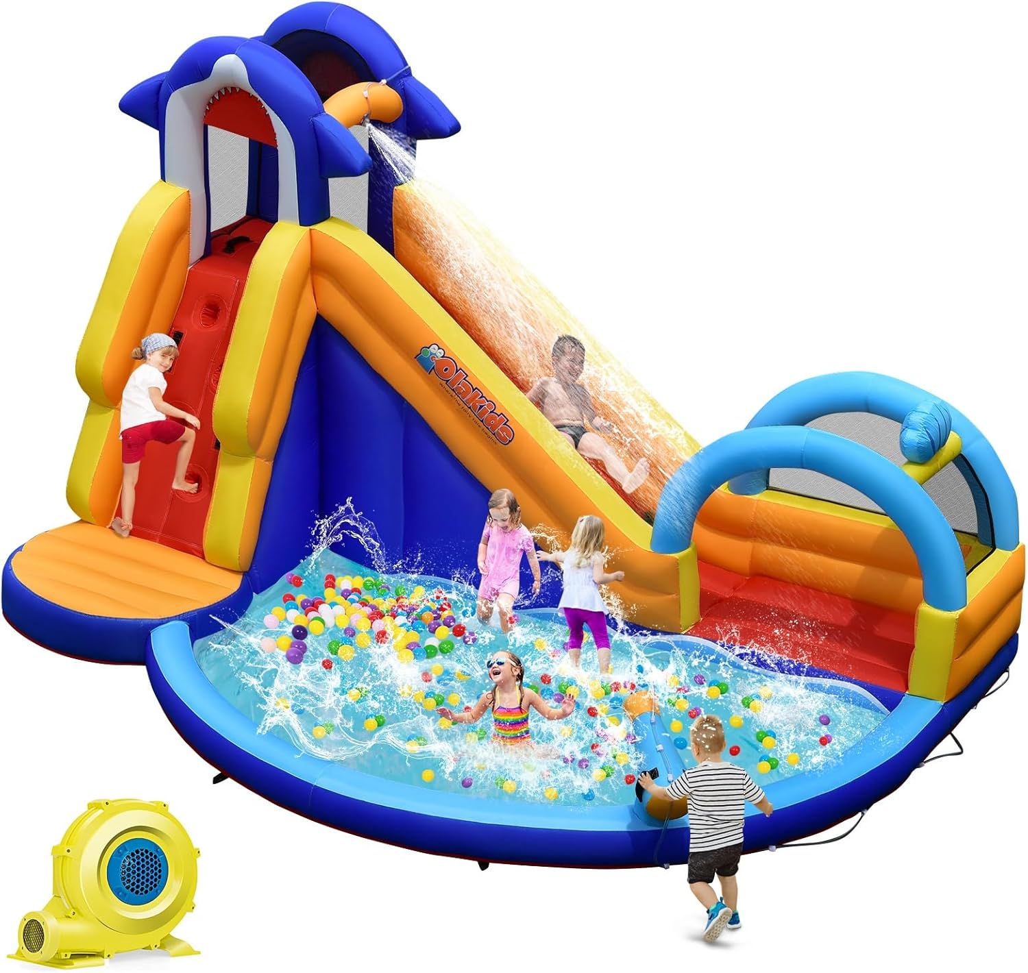 OLAKIDS Inflatable Water Slides, Shark Theme 14FT x 10FT x 8.5FT Bouncy House with Slide, Splash Pool, Climbing Wall, Water Gun, Outdoor Jumping Castle with Hose, Carry Bag, Stakes