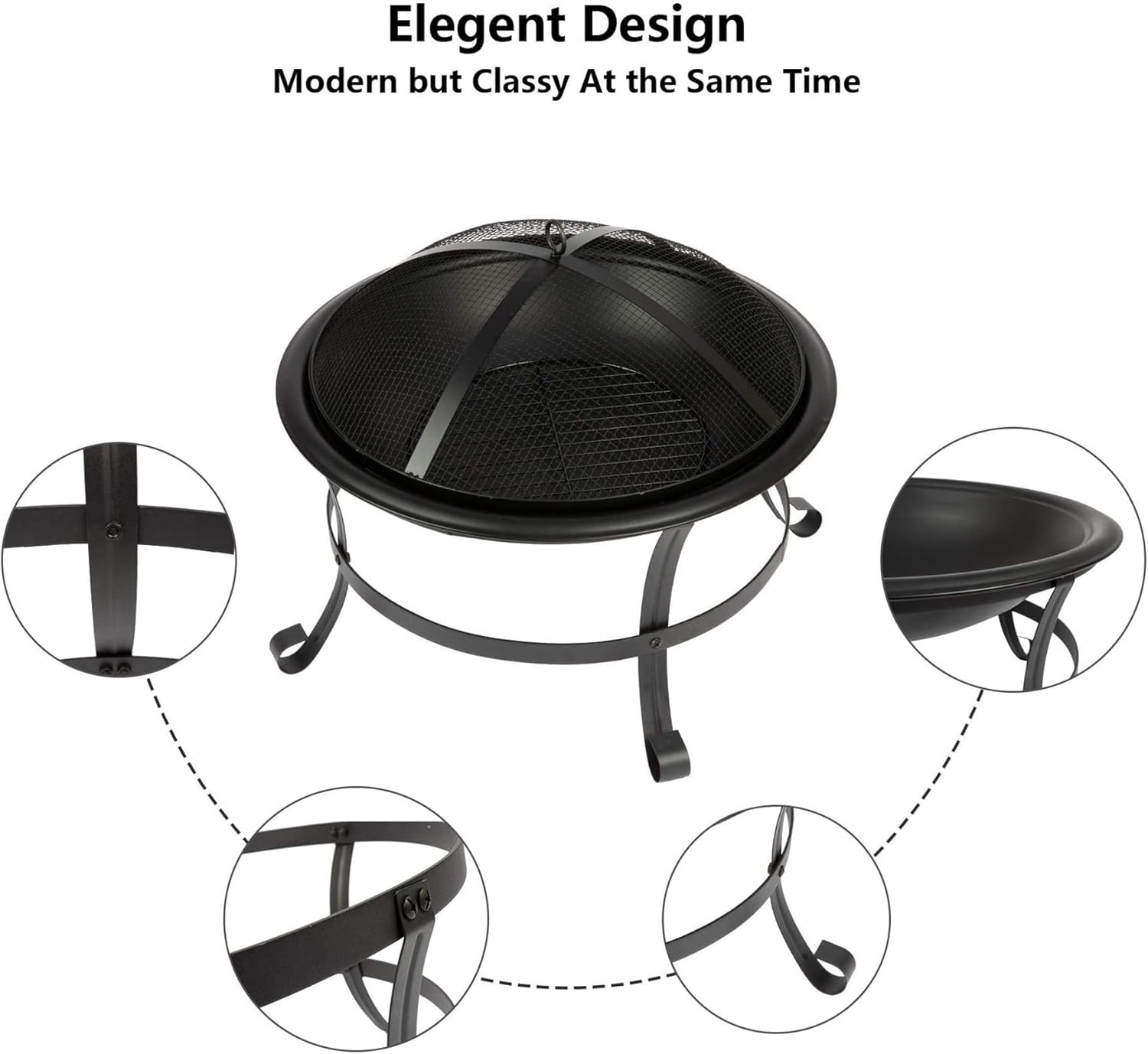 22 Inch Portable Folding Steel Fire Pit Bowl with Spark Screen Cover Log Grate and Poker for Wood Burning Outdoor Use in Backyard Camping Picnic Garden