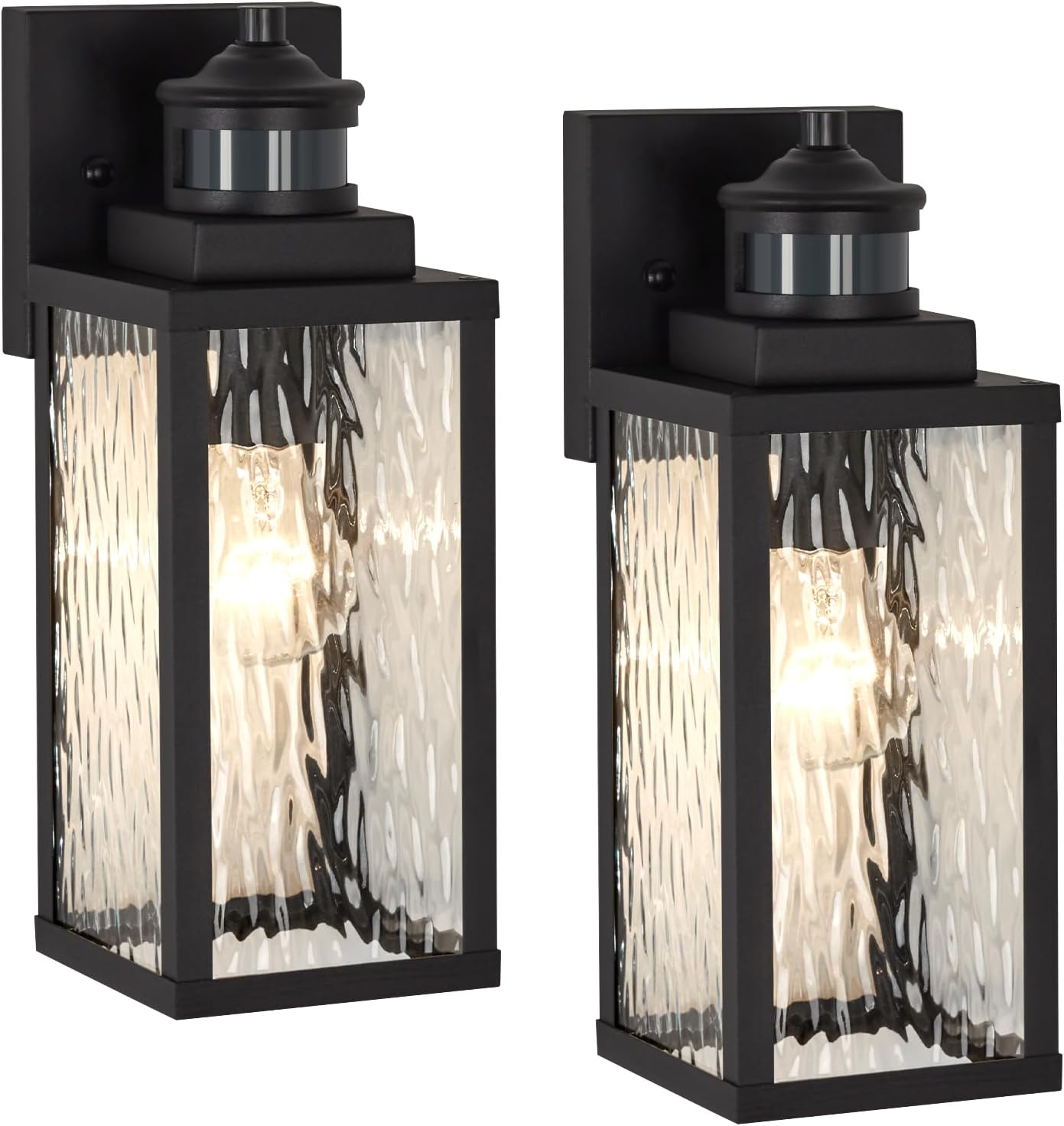 2 Pack Motion Sensor Outdoor Wall Lights,Updated Dusk to Dawn Outdoor Lighting, Exterior Light Fixtures Wall Mount With Water-Rippled Glass,Waterproof Black Porch Light Outside Lights for House
