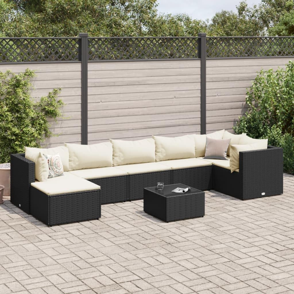 8 Piece Patio Lounge Set with Cushions Black Poly Rattan,AllWeather Patio Furniture Set with PE Rattan Sofas, Glass Top Table, and Footstool Furniture Sets for Patio, Lawn & Garden
