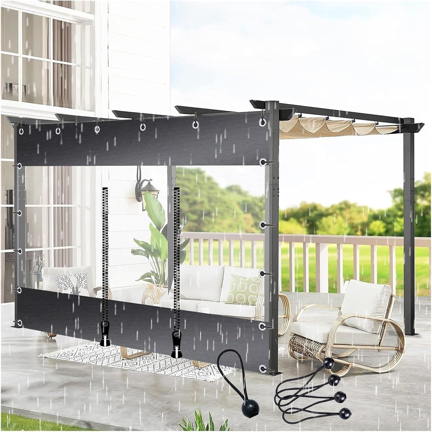 Outdoor Tarpaulin Curtain, Weather Resistant Clear Tarps with Zipper Door, for Balconies, Garages, Canopies, Customizable (Color : Black, Size : 8.5x3m/27.9x9.8ft)