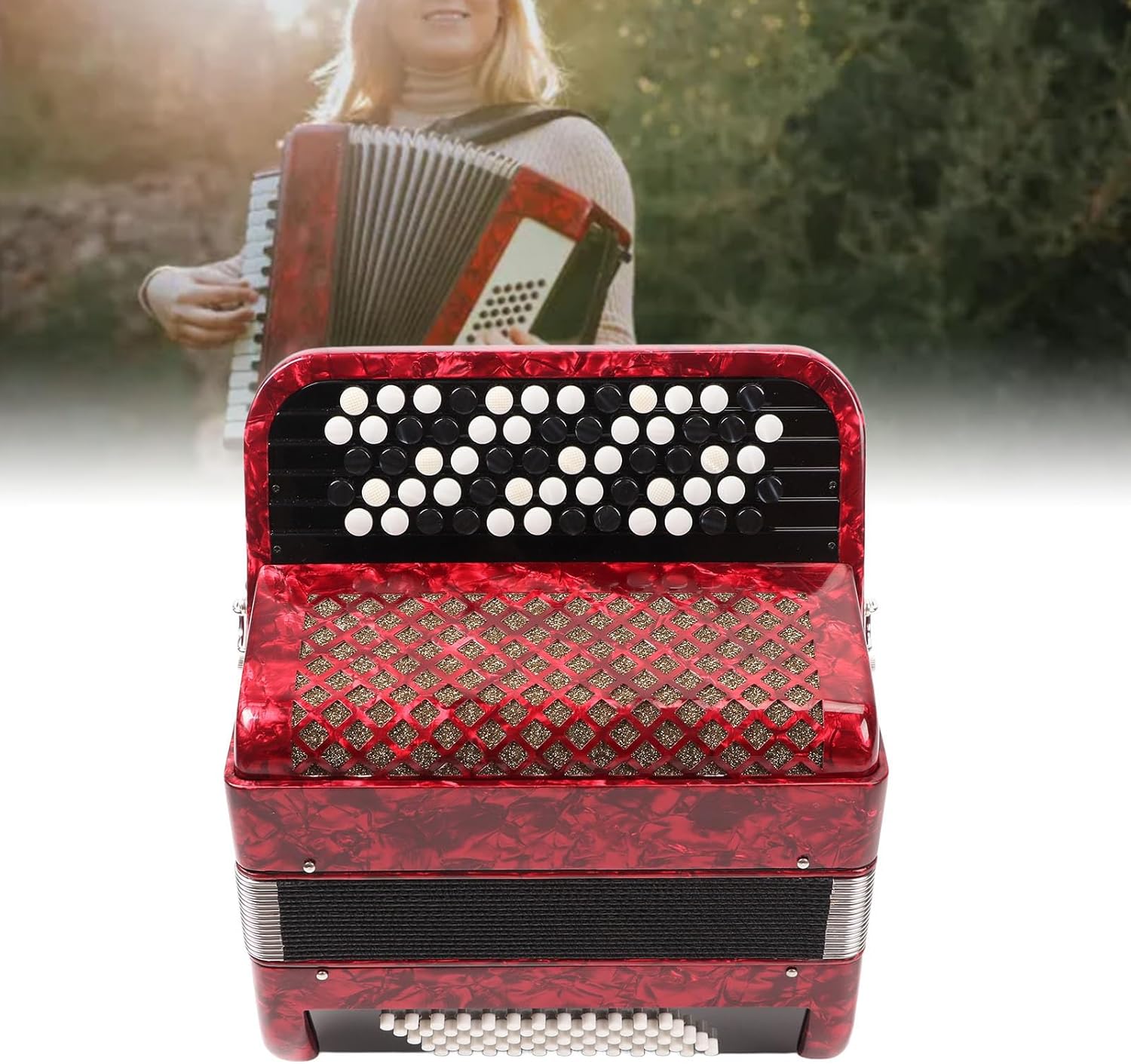 62 Keys Accordion 60 Bass Button Accordion Kids Educational Musical Instrument with Straps Red