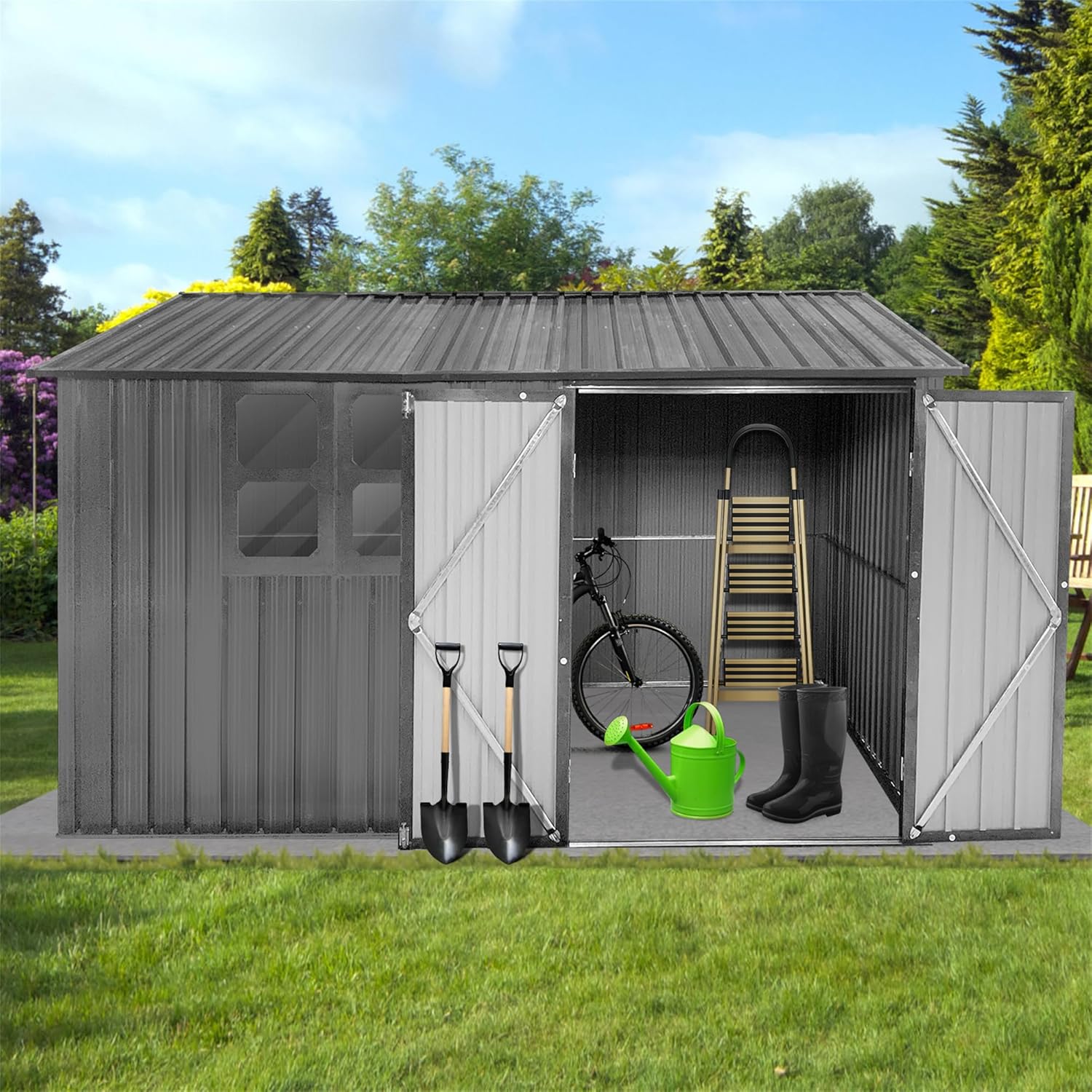 10x8FT Shed Outdoor Storage Shed with Window, Metal Tool Shed with Waterproof Roof and Lockable Door, Garden Shed for Backyard Patio Lawn, Gray