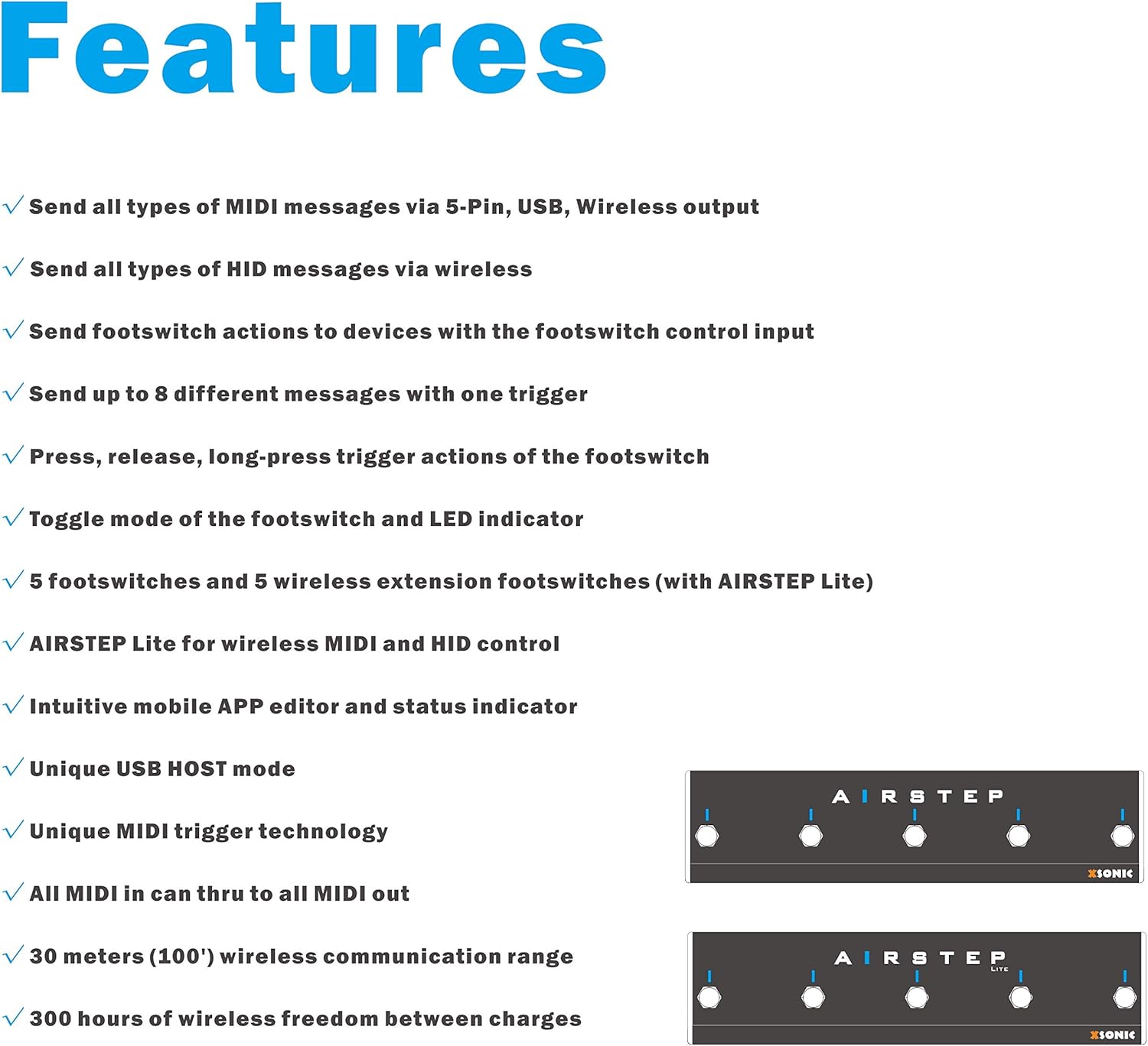 XSONIC Airstep Combo Smart Multi Controller with MIDI, HID, 10 Footswitch, 2 Expression Pedal In, 300H Playtime, Support HX Stomp, Quad Cortex, DAW, Plugin, Youtube, Hands Free Controller