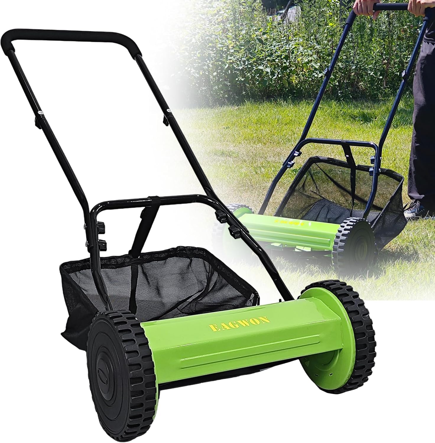14-Inch 5-Blade Manual Push Reel Lawn Mower Cordless, with Removable Grass Catcher Bag & Adjustable Cutting Height, for Yard & Garden Grass Cutting
