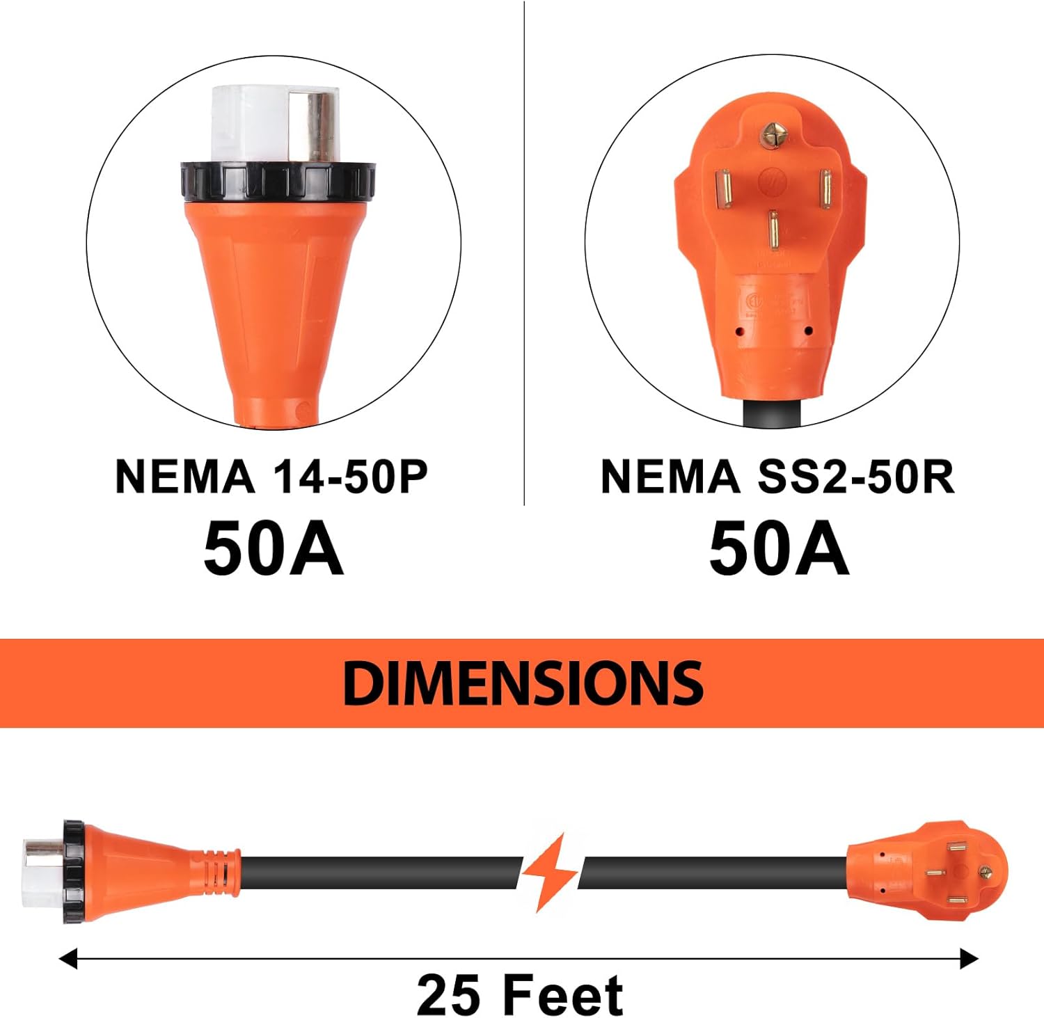 WELLUCK 50 Amp 25FT RV Power Extension Cord with Cord Organizer, Heavy Duty NEMA 14-50P to SS 2-50R RV Twist Locking Adapter Plug for RV Camper and Generator to House,RV Gauge, ETL Listed