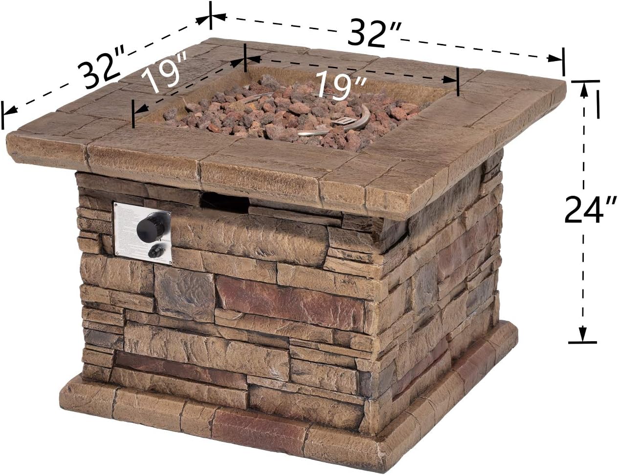 AQUILLA Outdoor Fire Pit w Stone Imitation Surface, 32 inch Square Table, 50,000 BTU Stainless Steel Burner, Free Lava Rocks, 20 Gal Propane Tank Could Set Inside (exclude) for Backyard