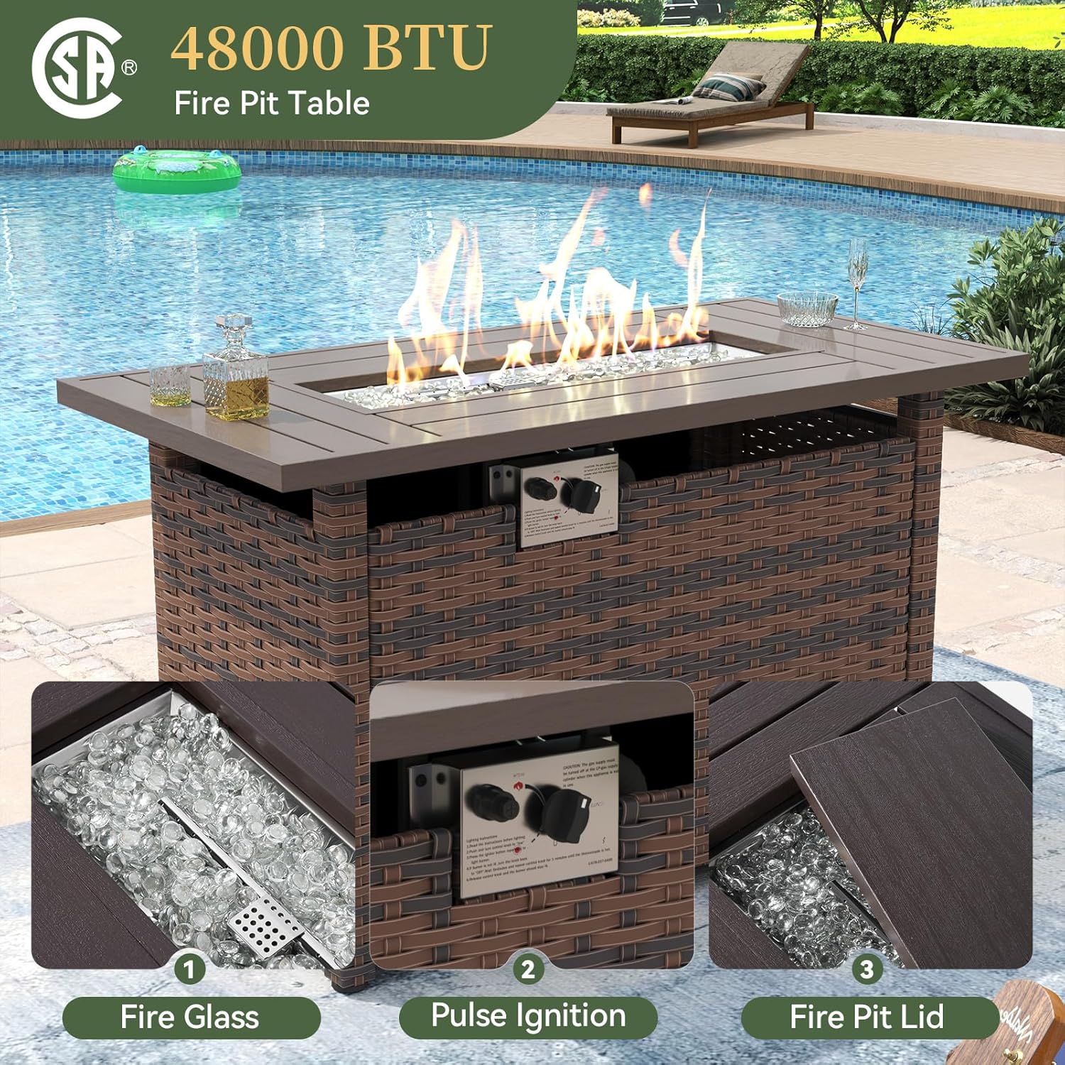 Aoxun 15 Piece Patio Furniture Set with 44” Fire Pit Table Wicker Rattan Outdoor Sectional Sofa Set with Coffee Table and Thickened Cushions, Beige (Waterproof Cover Included)