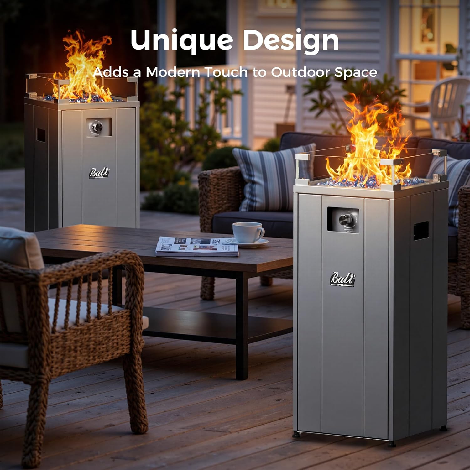 BALI OUTDOORS 15 inch Gas Fire Pit, Outside Propane Firebowl with Glass Wind Guard, Patio Square Fireplace with Fire Glass Stone for Backyard, Garden and Terrace