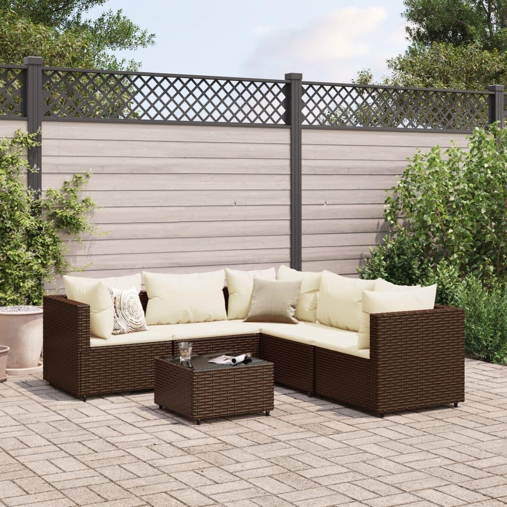 6 Piece Patio Lounge Set with Cushions Brown Poly Rattan,Comfortable Outdoor Lounge Set: Durable PE Rattan Furniture for Patio, Terrace, or Backyard Patio Furniture, Outdoor Furniture Sets