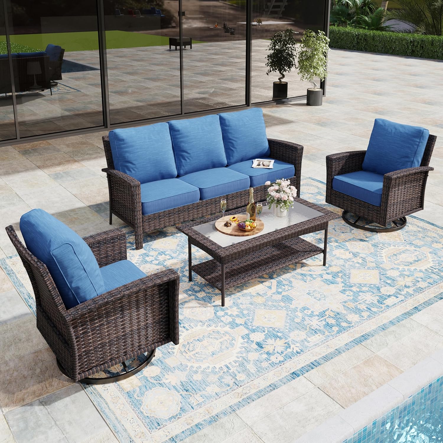4-Piece Wicker Patio Furniture Set with Swivel Chairs, High Back Outdoor Sofa with 5.5-inch Thick Cushion, All-Weather Wicker Patio Conversation Set for Deck Yard Pool, Navy Blue