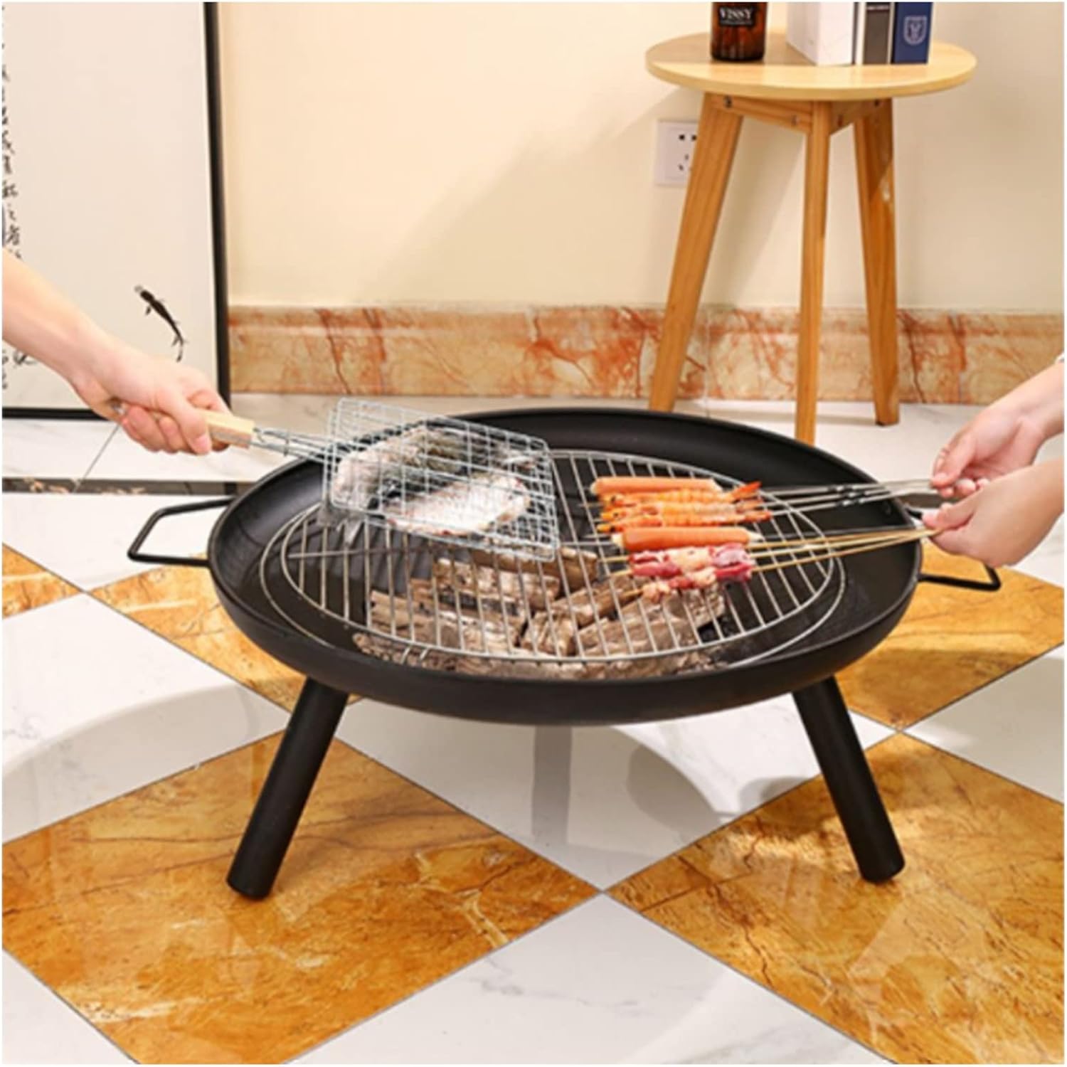 LXLZYXSF Round Shallow Bonfire Wood Burning Fire Pit for Indoor Outdoor, Fire Bowl Deck Yard Barbecue Stove Camping Fire Bowl Basin (Color : with Grate)