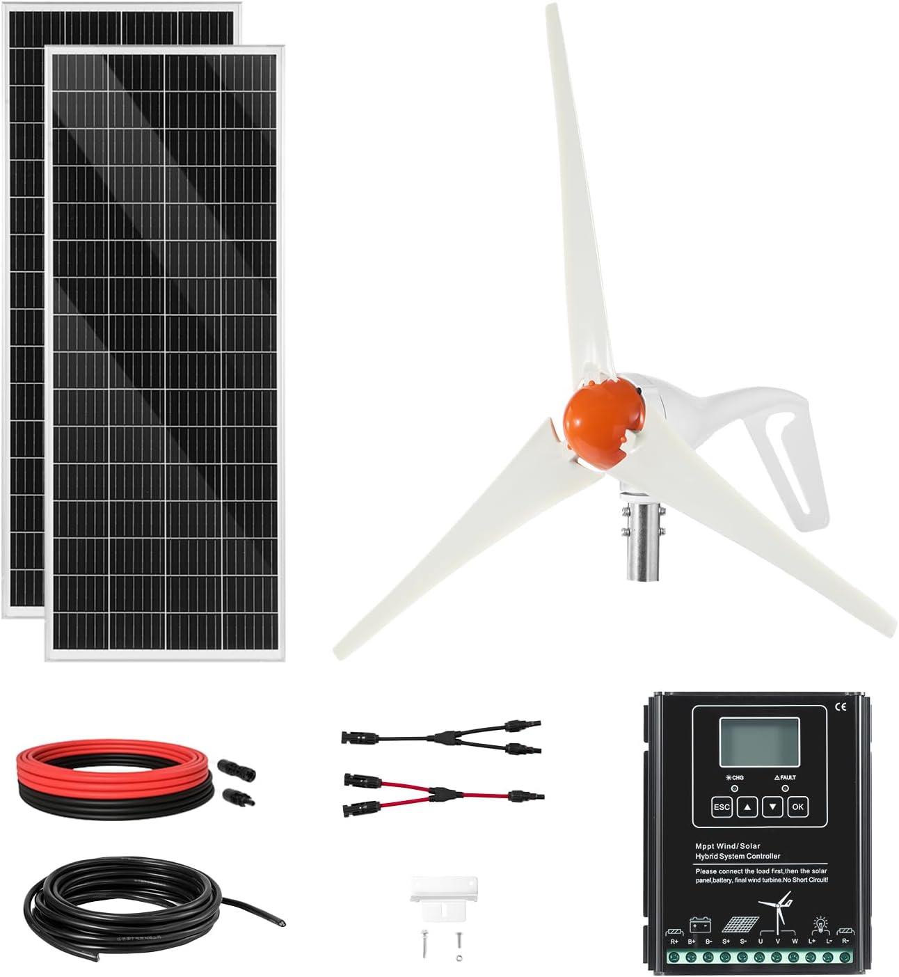 VEVOR 12V 400W Solar Wind Power Kit, 2PCS 100W Monocrystalline Solar Panels + 200W Wind Turbine + MPPT Wind/Solar Hybrid System Controller for Home RV Boat Camping Off-Grid Applications