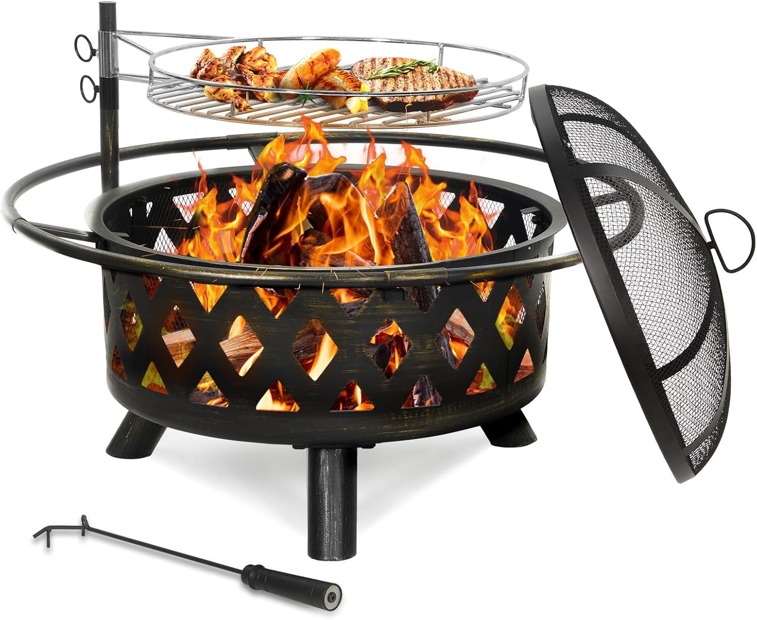 UDPATIO 2 in 1 Fire Pit with Grill for Outside Round 30 Inch Outdoor Wood Burning Firepit Large Steel Firepit with Swivel Cooking Grate Lid Poker, BBQ Grill for Backyard Bonfire Patio