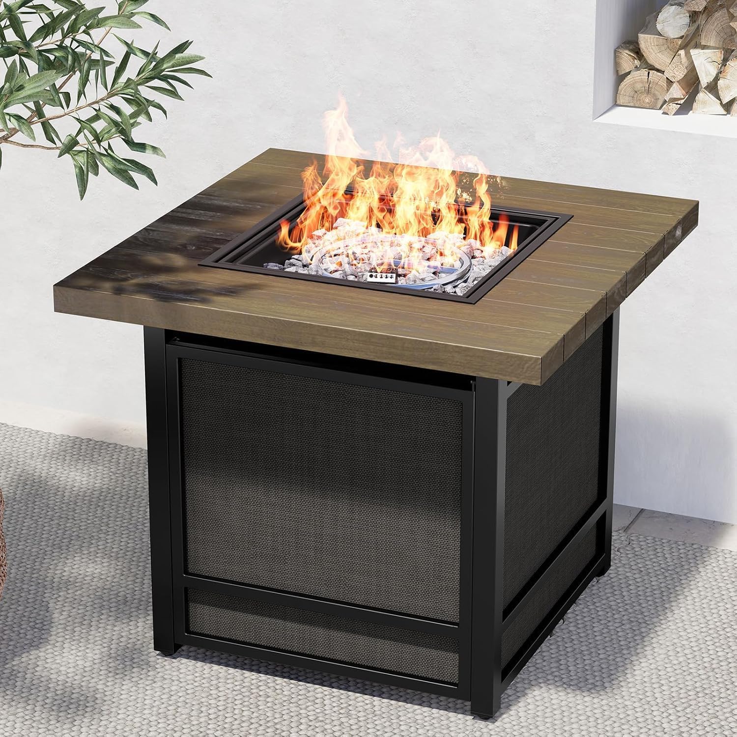 29 Inch Propane Fire Pit, Outdoor Fire Pit Wood Grain Square Smokeless Firepit Table with Sling Base, Light Brown Tabletop/Square