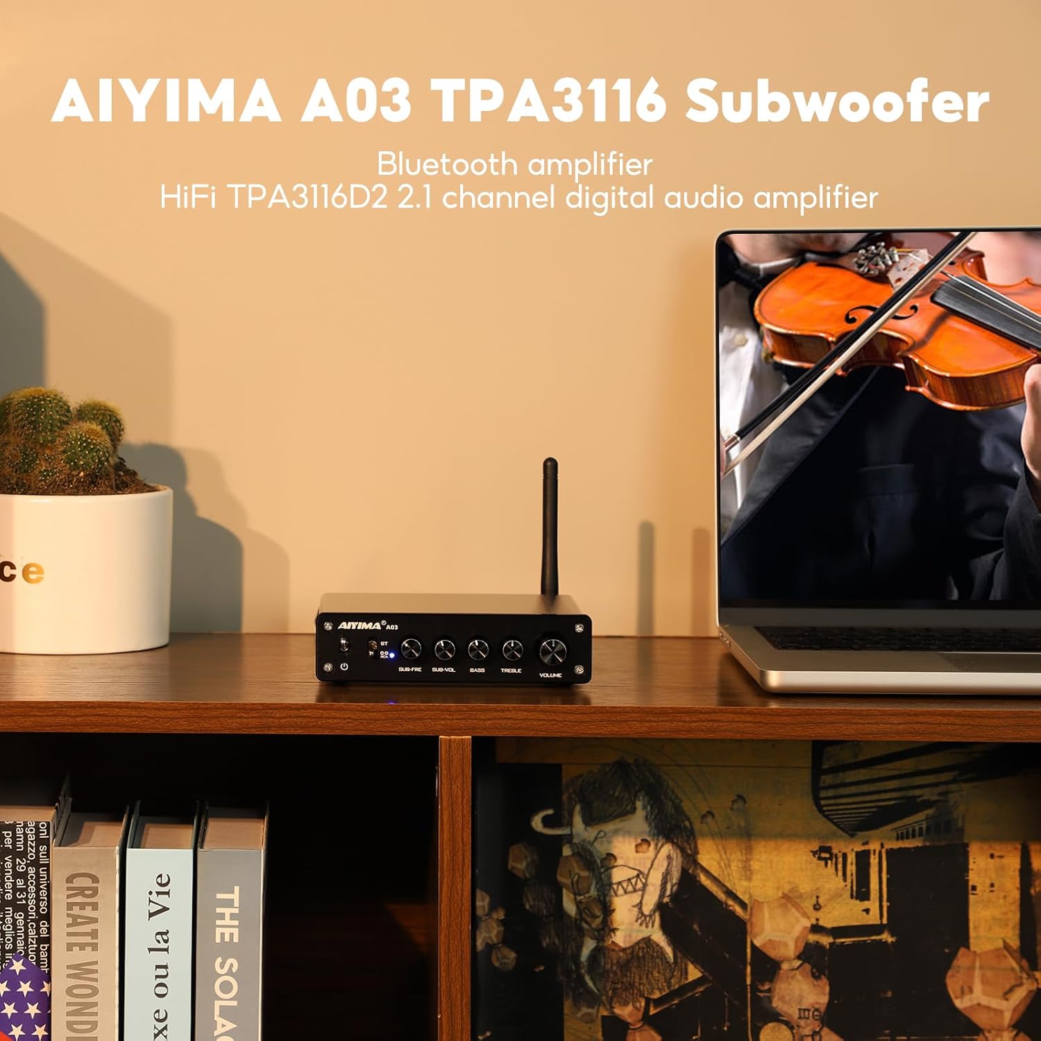 AIYIMA A03 2.1 Channel Class D Amplifier 50W * 2+100W TPA3116 Bluetooth Stereo Amp HiFi Power Amplifier with Power Adapter for Home Outdoor Passive Speakers/Subwoofer/Active sub
