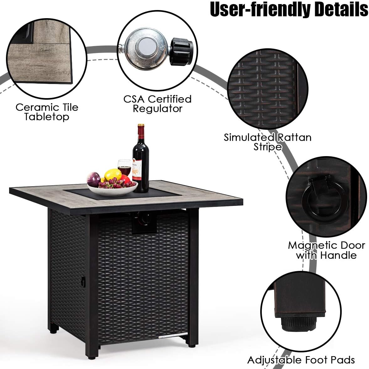 30-Inch Fire Table Outdoor, 50,000 BTU Gas Fire Pit Table with Ceramic Tiles Tabletop, Lid, Lava Rock, Electric Igniter & Hideaway Tank Holder, Propane Fire Table for Outside, Patio(Black)