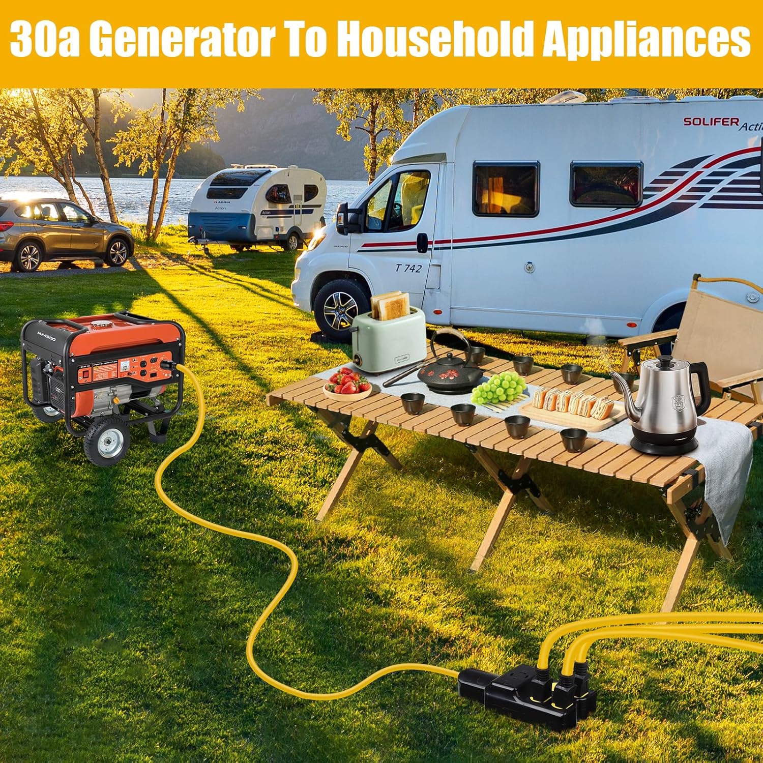 NEMA L14-30P to 4X 5-20R/5-15R&L14-30R Generator Adapter Extension Cord, 4 Prong 30 Amp to 110V,Twist Locking to 15 Amp/20 Amp Household Outlet, 125/250V 7500 Watts, ETL Listed (10FT)