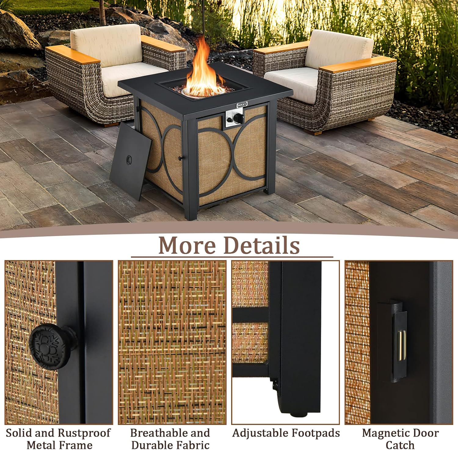 Tangkula 28 Inch Outdoor Square Fire Pit Table, Patiojoy 50,000 BTU Propane Gas Fire Table with Fire Glasses & PVC Protective Cover, Easy Ignition System, Patio Fire Table for Backyard, Poolside