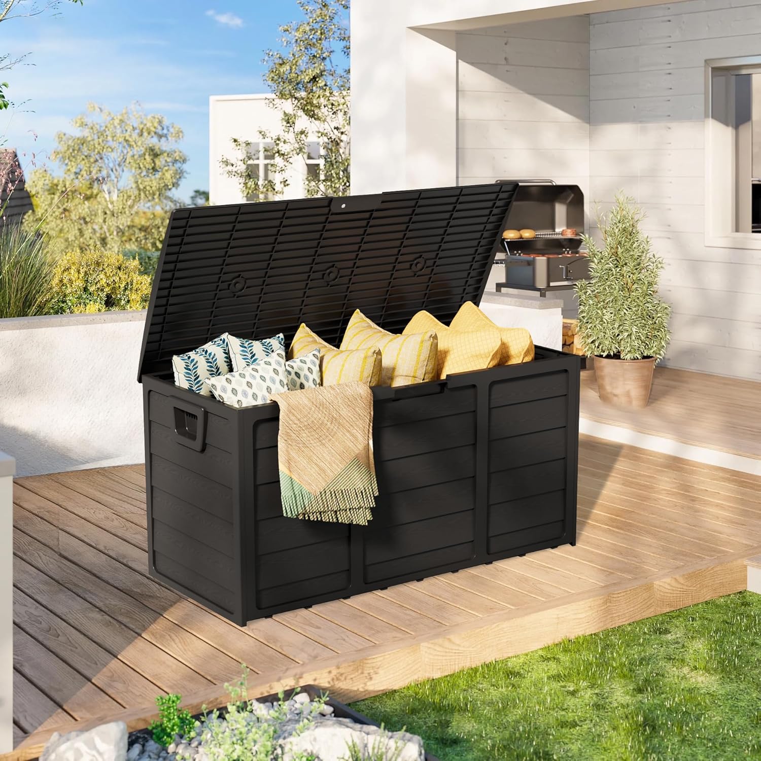 75 Gallon Outdoor Deck Box – Heavy Duty Waterproof Storage with Lockable Lid, UV & Weather Resistant Resin for Patio Furniture, Cushions(Black)