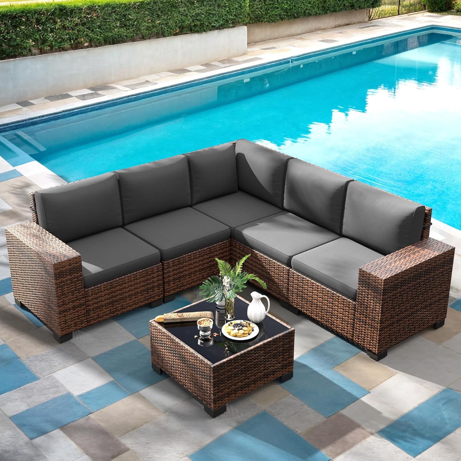 Amopatio 8 Inch Armrest Outdoor Sectional, 6 Piece Patio Furniture Set Sectional Sofa with Coffee Table for Garden Backyard, 4'' Thickened Cushion