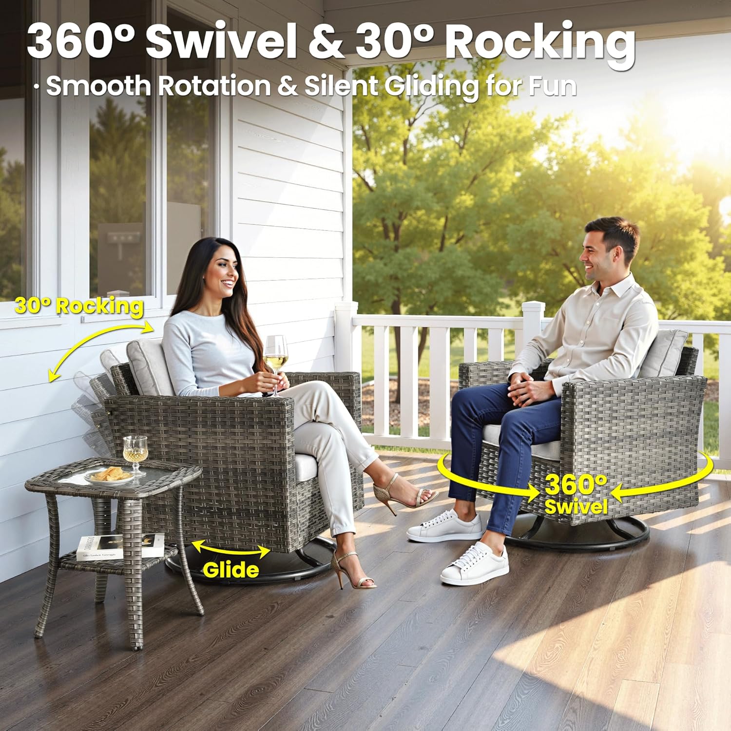 ovios 9 Pieces Patio Furniture Set with Square Fire Pit Table, Outdoor Swivel Rocking Chairs, High Back Wicker Rattan Conversation Set for Deck Porch, Grey