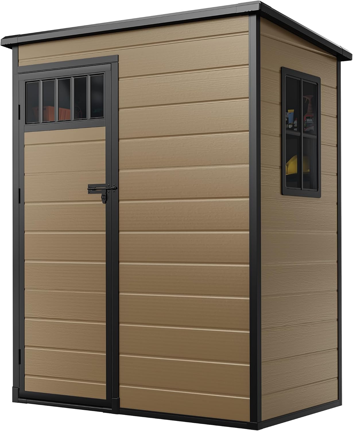 DWVO 5x3FT Outdoor Storage Shed with Fence-Style and Side Windows, Floor, Lockable Doors, Plastic Storage for Backyard and Garden, Brown