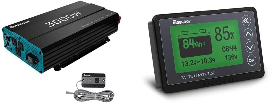 Renogy 3000W Pure Sine Wave Inverter 12V DC to 120V AC Converter & 500A Battery Monitor, High and Low Voltage Programmable Alarm, Voltage Range 10V-120V and up to 500A