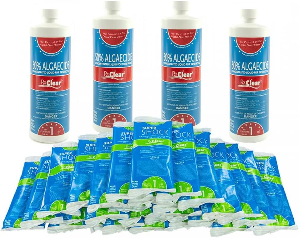 Rx Clear Algae Prevention Maintenance Kit | 3-Month Supply | Four 18 fl. Ounce Bottles of 50% Algaecide | 42 One Pound Bags of Super Shock - 68% Calcium Hypochlorite | for Pools Up to 35,000 Gallons