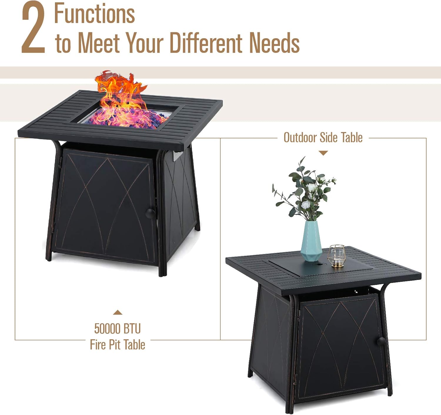 MFSTUDIO 28 Inch Gas Fire Pit Table,50000 BTU Propane Steel Striped Square Handpainting Treatment Fire Table with Lid and Blue Glass for Patio,Backyard and Balcony,Black