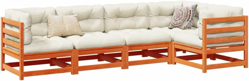 5 Piece Patio Sofa Set with Cushions Wax Brown Solid Wood Pine, Patio Furniture Sets, Outdoor Furniture
