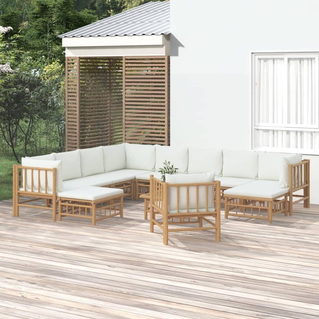 12 Piece Patio Lounge Set with Cream White Cushions Bamboo,Bamboo Patio Lounge Set: Elegant and Durable Outdoor Furniture for Ultimate Relaxation Outdoor Furniture Sets, Patio Furniture