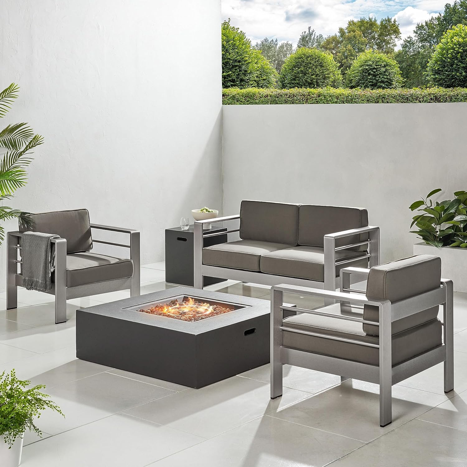 Christopher Knight Home Cape Coral Outdoor Aluminum Chat Set with Fire Table, Khaki / Dark Grey