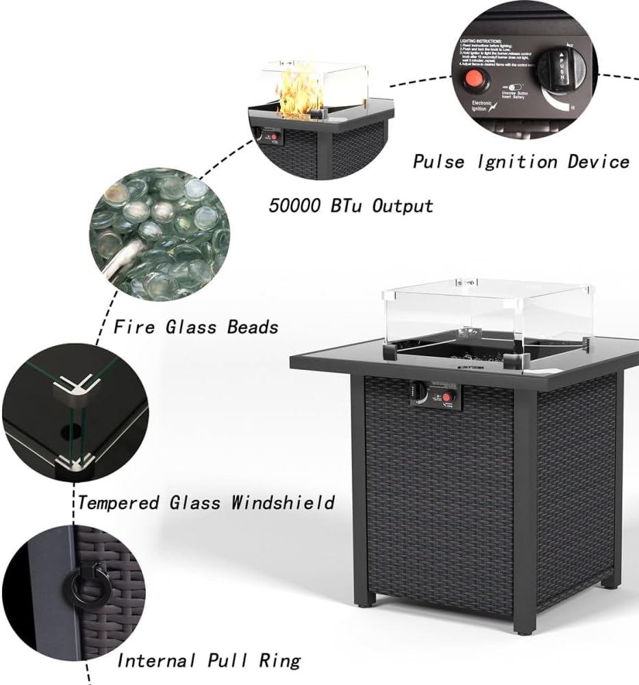 28 Inch Propane Fire Pit Table, Rattan & Wicker-Look, 50000 BTU Gas Firepits Tempered Glass Tabletop with Glass Windscreen Protector for Outside Patio and Garden(Coffee)