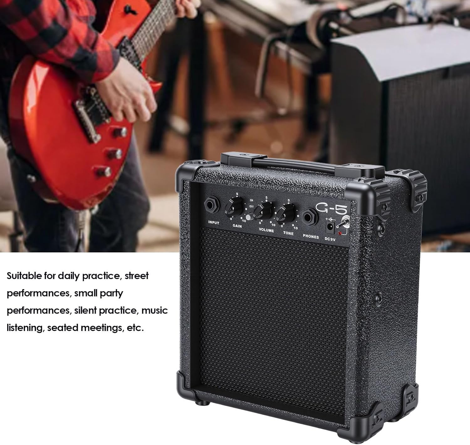 Drfeify Guitar Speaker, 5W Mini Portable Outdoor Wooden Electric Guitar Cabinet Amplifier Speaker with Headphone Jack Ideal for Daily Practice