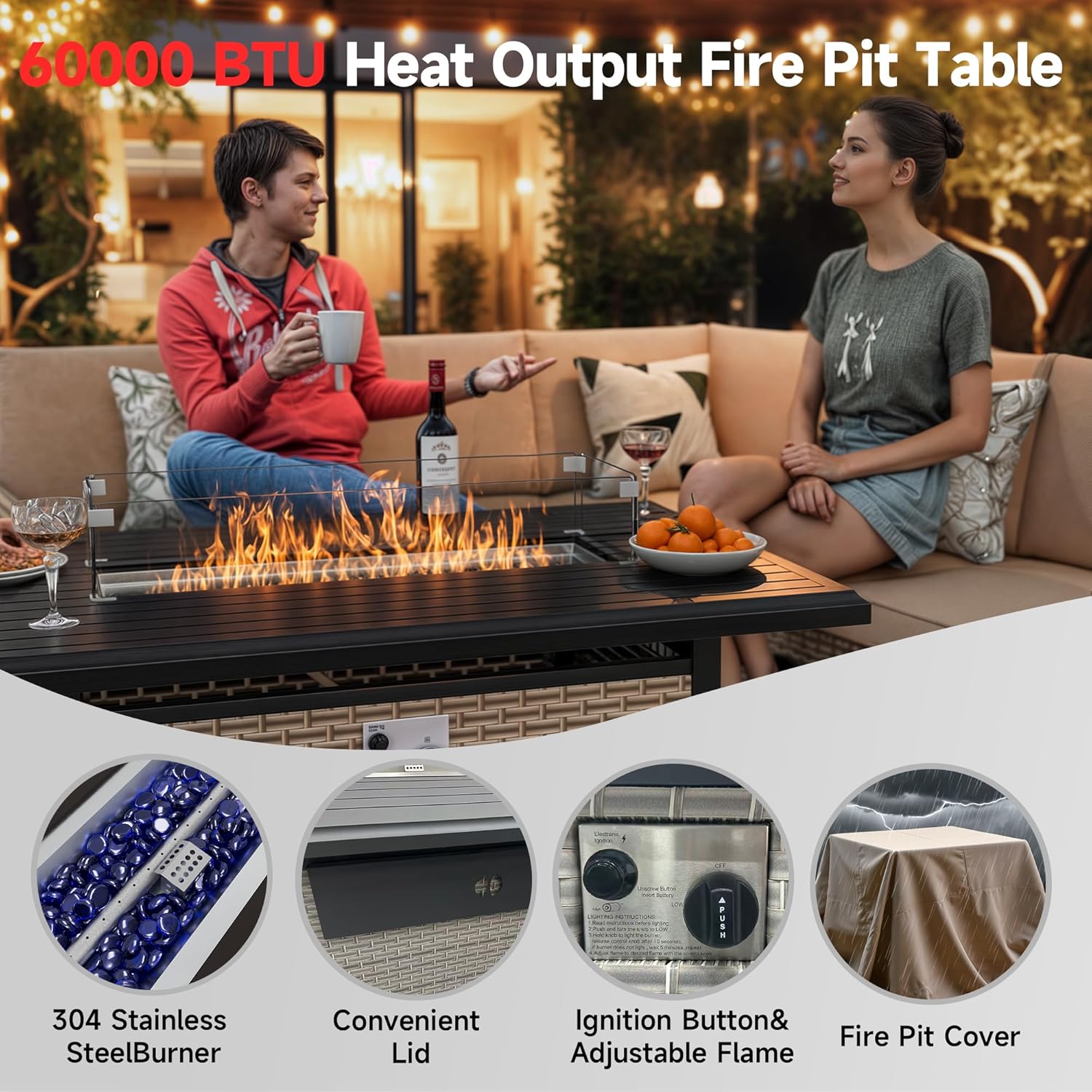43 Inch Outdoor Propane Fire Pit 60,000 BTU Gas Fire Pits for Outside Patio with Steel Lid and Glass Wind Guard, 2-in-1 Firepit Table & CSA Certification, Grey Rattan
