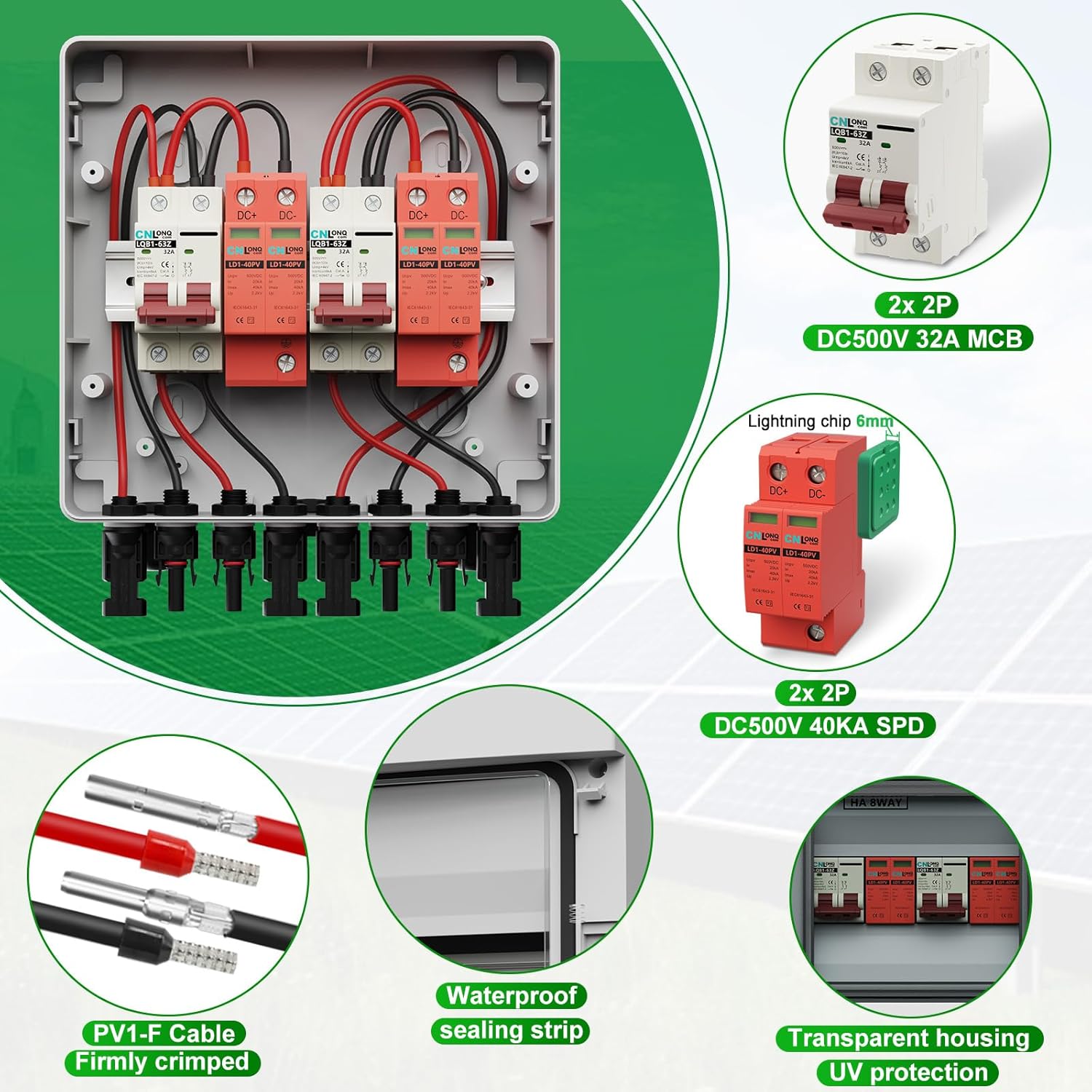 2 Strings Solar Disconnect Switch 32 Amp DC 500V Circuit Breaker with Lightning Surge Protector Arrester and IP65 Waterproof PV Combiner Breaker Box 2 in 2 Out for Solar Panel System