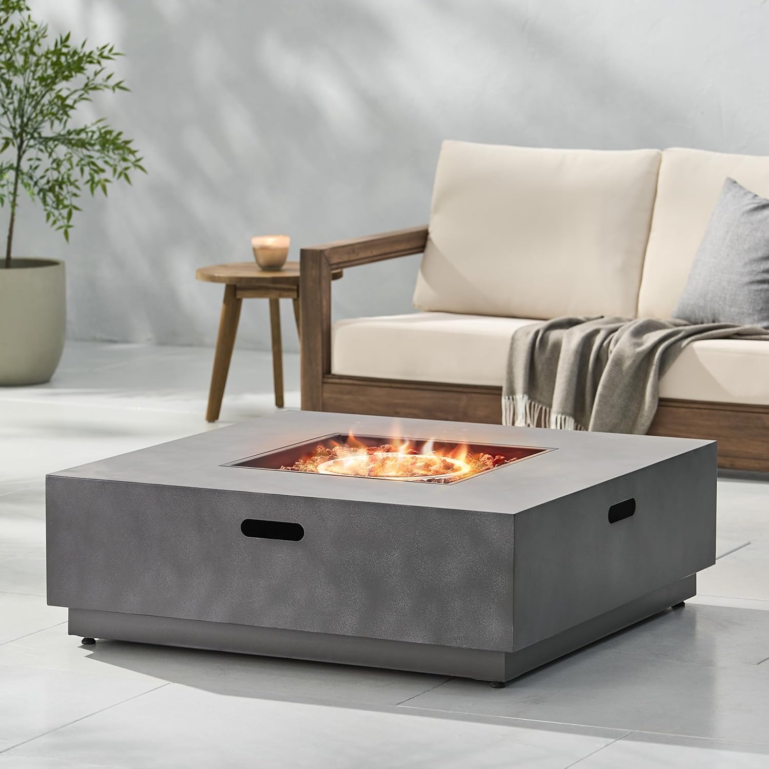 Square Fire Pit 50,000 Btu – Stone Gray Outdoor Gas Fire Pit with Lava Rocks, Modern Patio Heater for Backyard, Deck, – Durable Stylish (1 Doors)